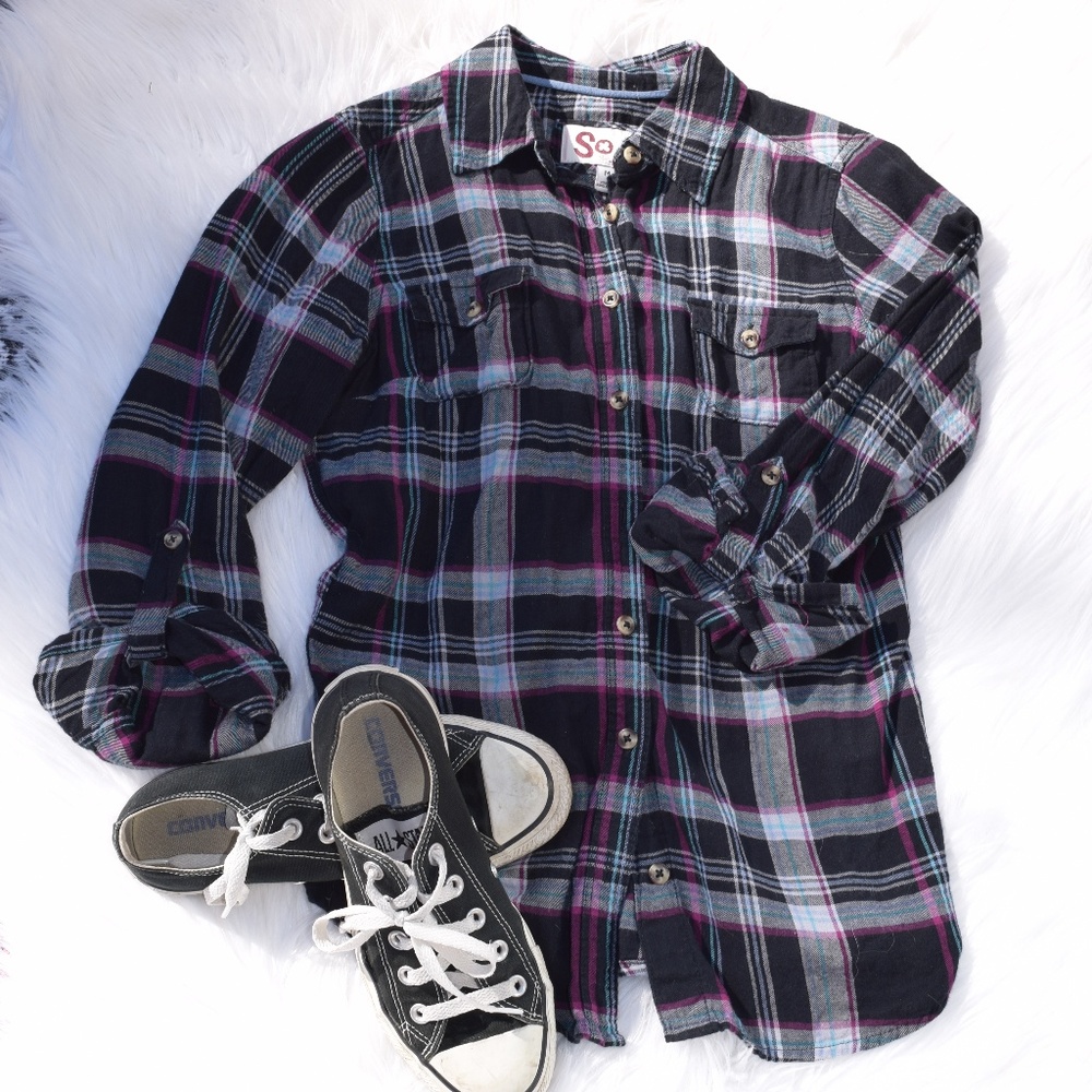 SO brand Black/Pink/Teal plaid flannel